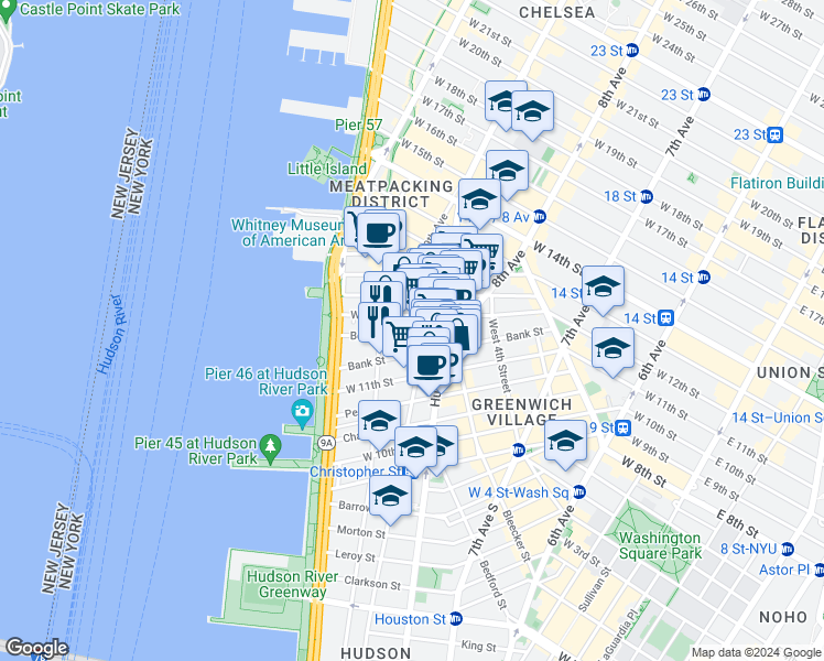 map of restaurants, bars, coffee shops, grocery stores, and more near 20 Bethune Street in New York