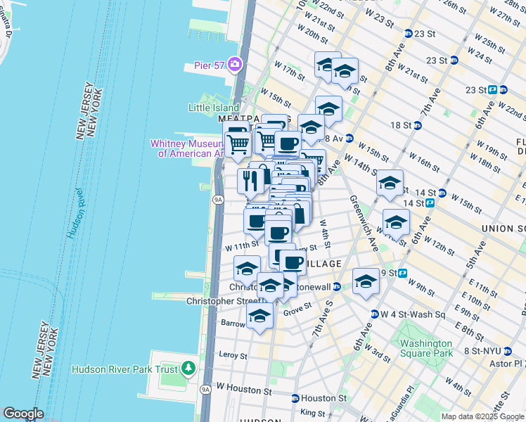 map of restaurants, bars, coffee shops, grocery stores, and more near 20 Bethune Street in New York