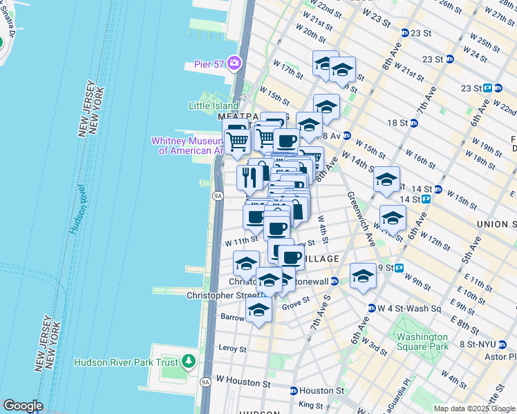 map of restaurants, bars, coffee shops, grocery stores, and more near 20 Bethune Street in New York