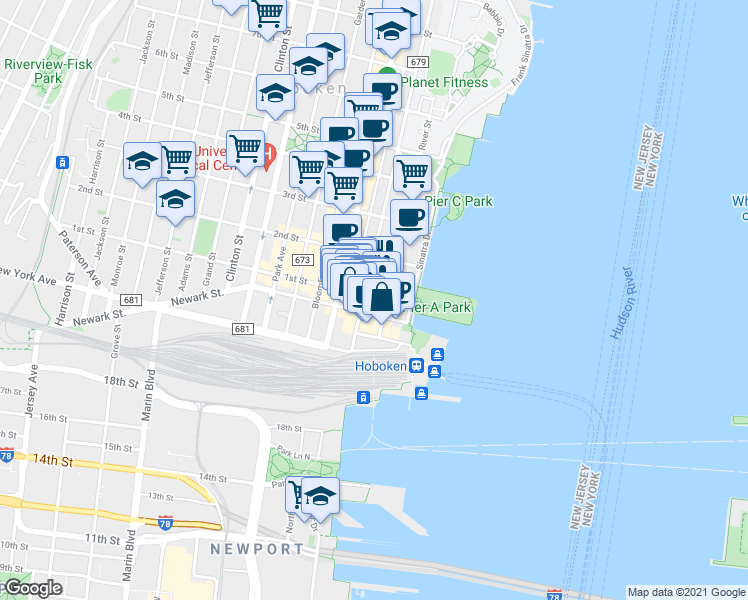 map of restaurants, bars, coffee shops, grocery stores, and more near 5 Marine View Plaza in Hoboken
