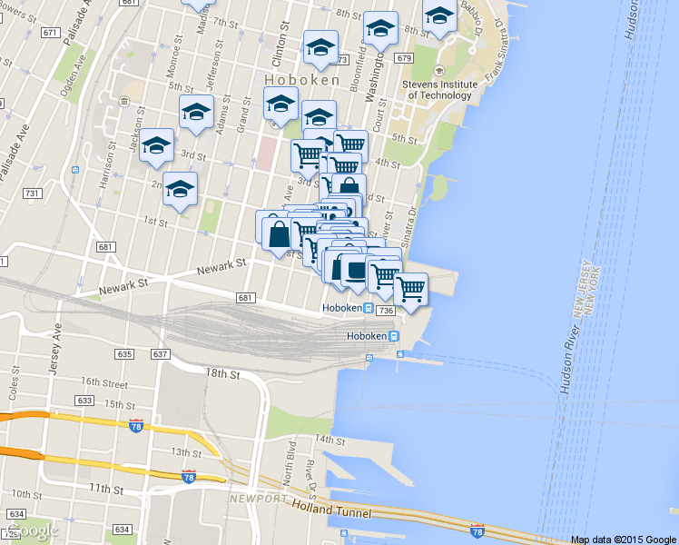 map of restaurants, bars, coffee shops, grocery stores, and more near 61 Washington Street in Hoboken
