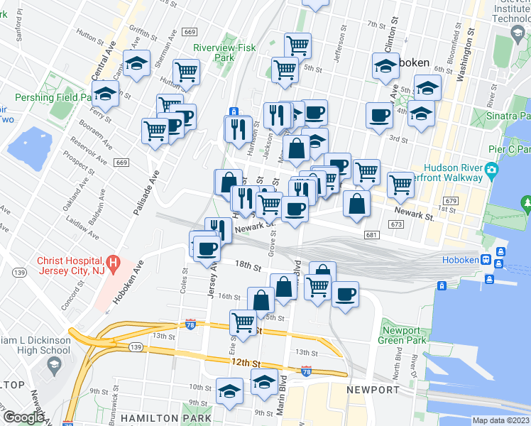 map of restaurants, bars, coffee shops, grocery stores, and more near 610 Newark Street in Hoboken