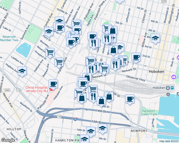 map of restaurants, bars, coffee shops, grocery stores, and more near 34 Harrison Street in Hoboken