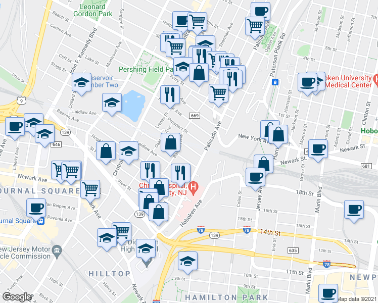 map of restaurants, bars, coffee shops, grocery stores, and more near 36 Jefferson Avenue in Jersey City
