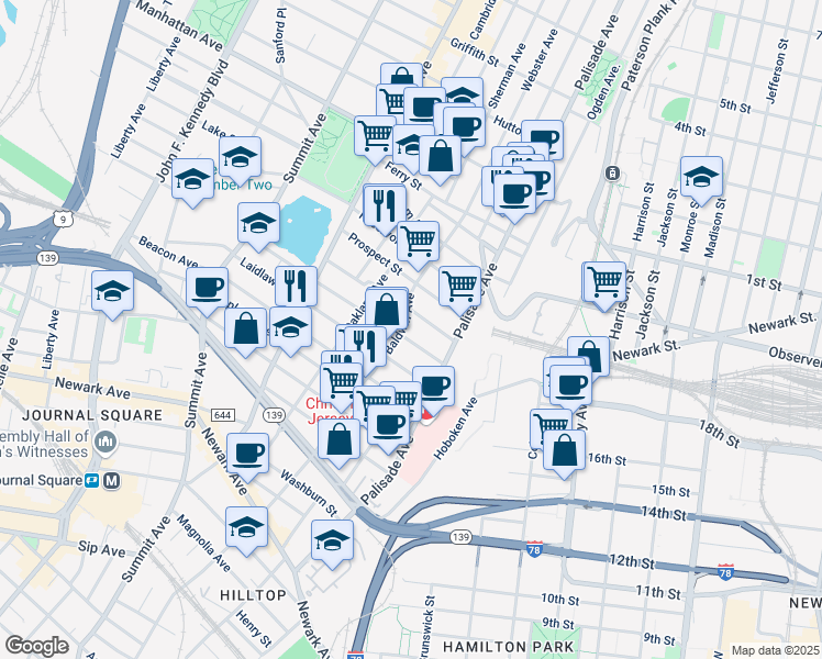 map of restaurants, bars, coffee shops, grocery stores, and more near 36 Jefferson Avenue in Jersey City