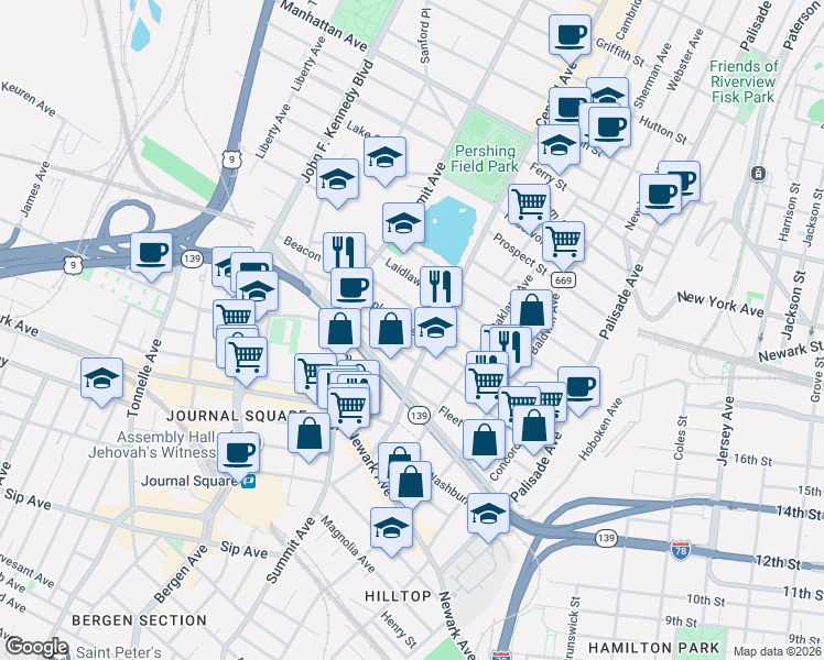 map of restaurants, bars, coffee shops, grocery stores, and more near 135 Hopkins Avenue in Jersey City
