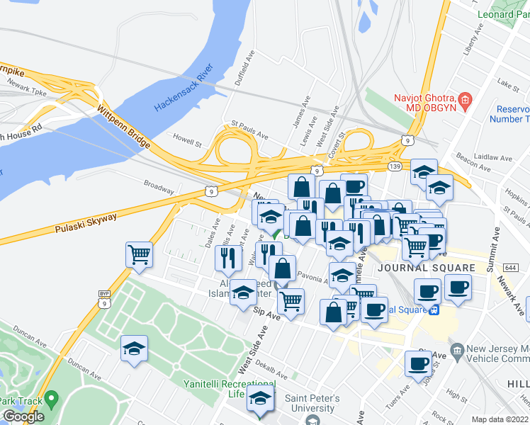 map of restaurants, bars, coffee shops, grocery stores, and more near 107 Wales Avenue in Jersey City