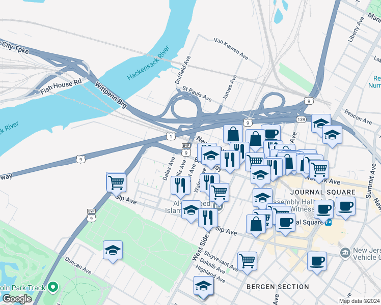 map of restaurants, bars, coffee shops, grocery stores, and more near 142 County Road 642 in Jersey City
