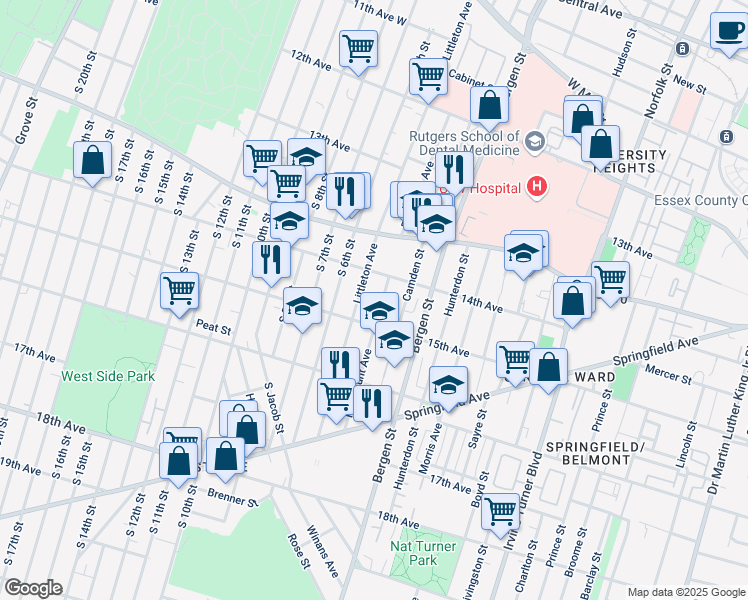map of restaurants, bars, coffee shops, grocery stores, and more near 296 Fairmount Avenue in Newark