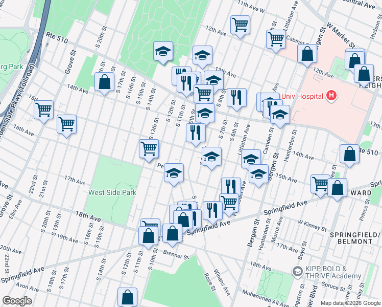 map of restaurants, bars, coffee shops, grocery stores, and more near 467 15th Avenue in Newark