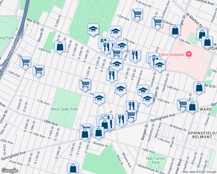 map of restaurants, bars, coffee shops, grocery stores, and more near 467 15th Avenue in Newark