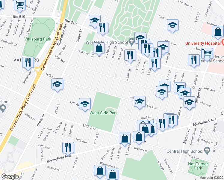 map of restaurants, bars, coffee shops, grocery stores, and more near 522-526 15th Avenue in Newark
