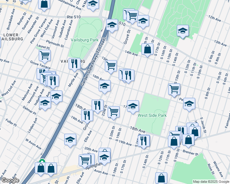 map of restaurants, bars, coffee shops, grocery stores, and more near 194 21st Street in Irvington