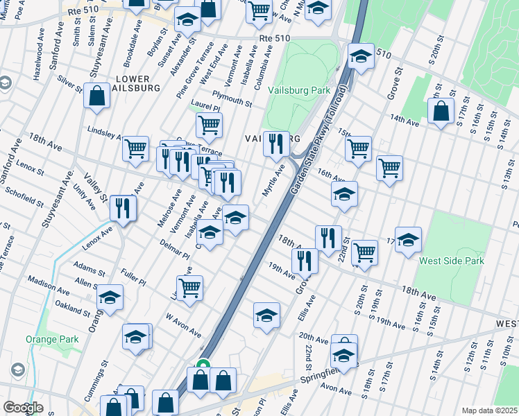 map of restaurants, bars, coffee shops, grocery stores, and more near 337 Myrtle Avenue in Irvington