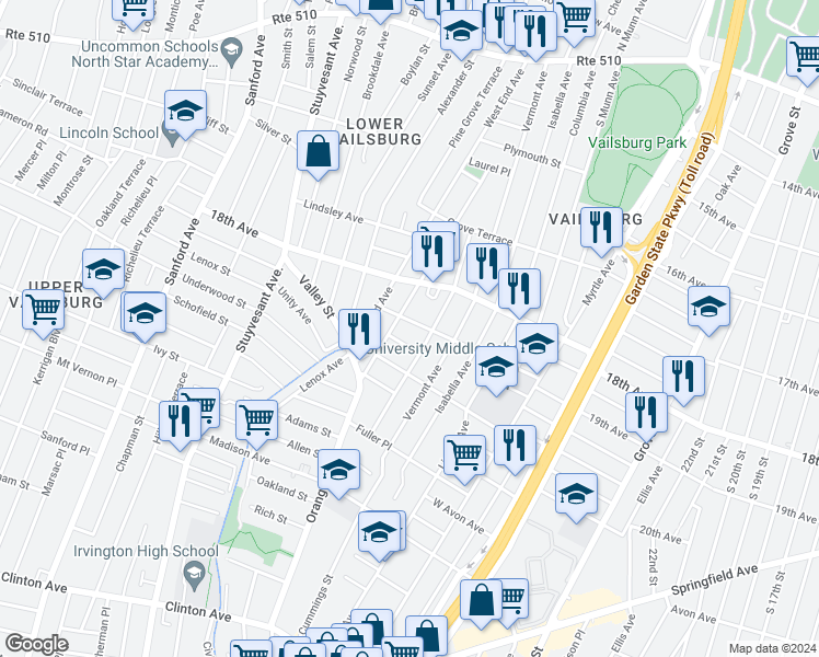 map of restaurants, bars, coffee shops, grocery stores, and more near 115 University Place in Irvington