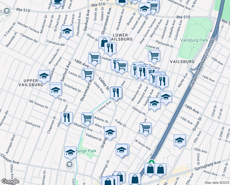 map of restaurants, bars, coffee shops, grocery stores, and more near 264 West End Avenue in Newark