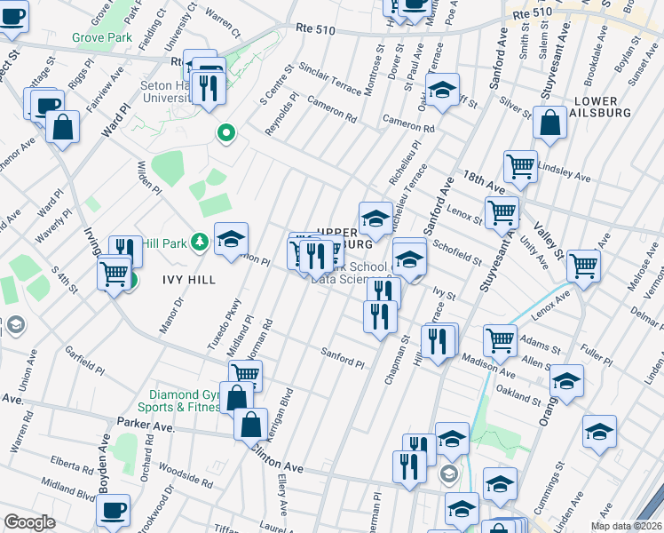 map of restaurants, bars, coffee shops, grocery stores, and more near 65 Netherwood Place in Newark