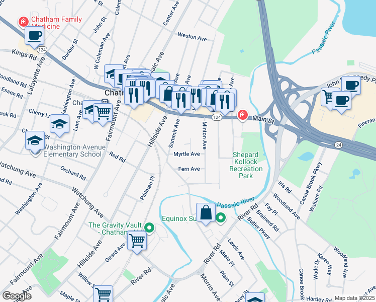 map of restaurants, bars, coffee shops, grocery stores, and more near 17 Myrtle Avenue in Chatham