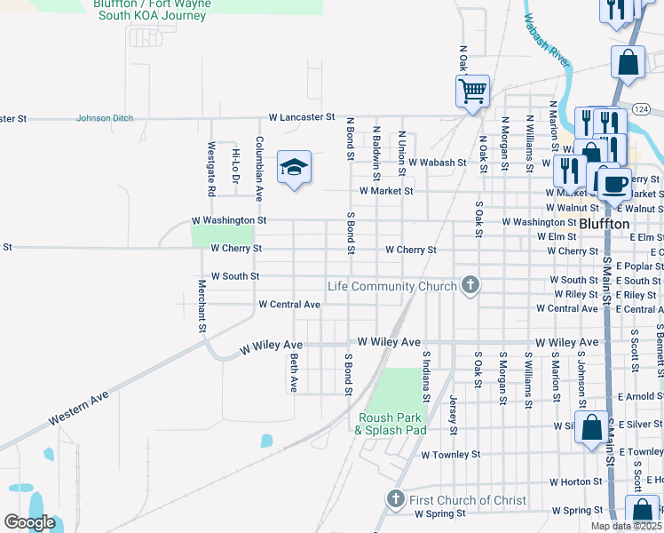 map of restaurants, bars, coffee shops, grocery stores, and more near 1127 West South Street in Bluffton