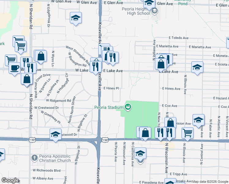map of restaurants, bars, coffee shops, grocery stores, and more near 112 East Hines Place in Peoria