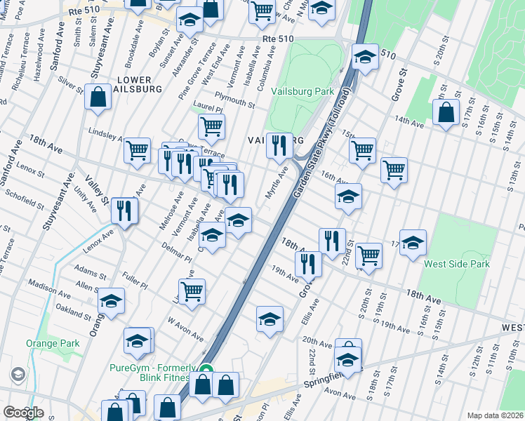map of restaurants, bars, coffee shops, grocery stores, and more near 337 Myrtle Avenue in Irvington