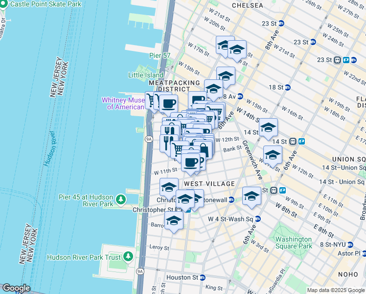 map of restaurants, bars, coffee shops, grocery stores, and more near 20 Bethune Street in New York