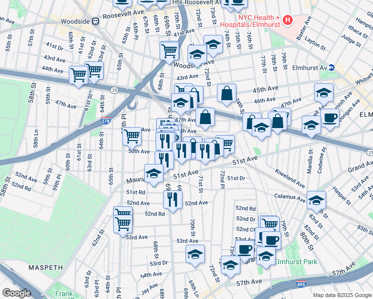 map of restaurants, bars, coffee shops, grocery stores, and more near 69-37 50th Avenue in Queens