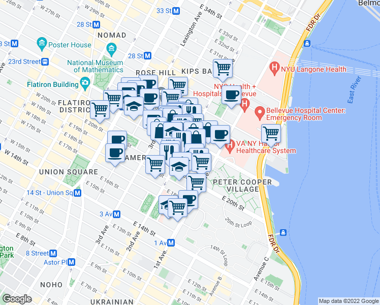 map of restaurants, bars, coffee shops, grocery stores, and more near 393 2nd Avenue in New York