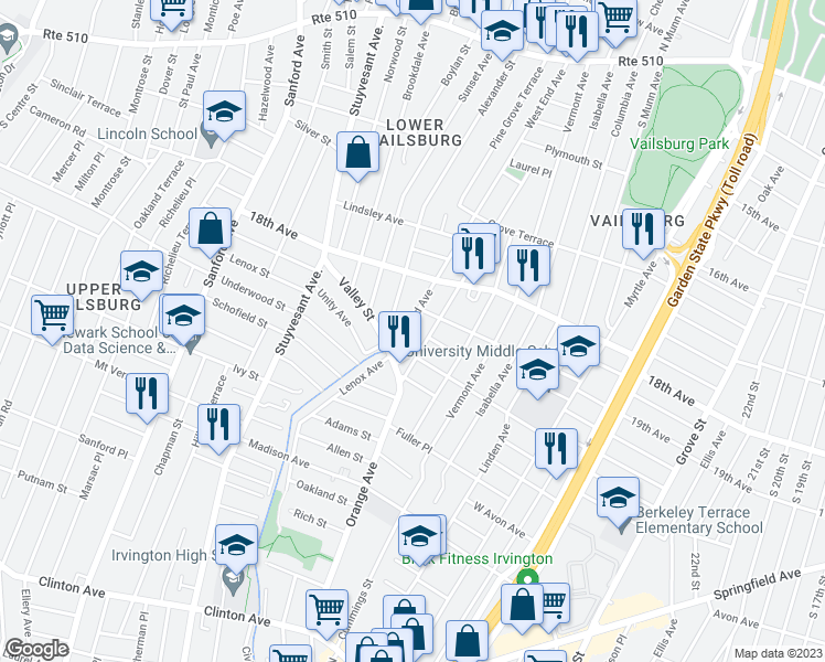 map of restaurants, bars, coffee shops, grocery stores, and more near 264 West End Avenue in Newark