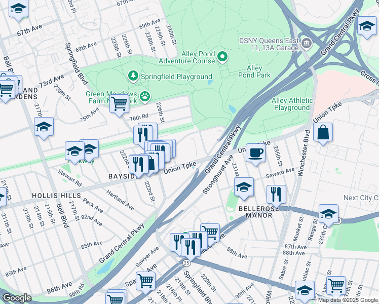 map of restaurants, bars, coffee shops, grocery stores, and more near 78-19 226th Street in Queens