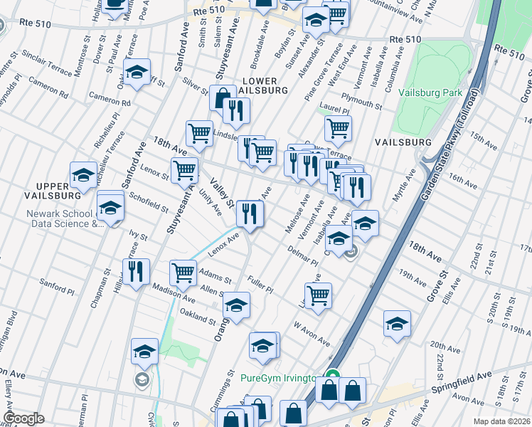 map of restaurants, bars, coffee shops, grocery stores, and more near 266 West End Avenue in Newark