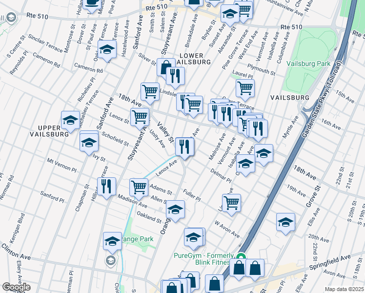 map of restaurants, bars, coffee shops, grocery stores, and more near 264 West End Avenue in Newark
