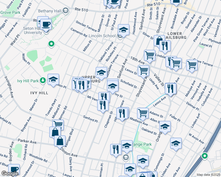 map of restaurants, bars, coffee shops, grocery stores, and more near 719 Sanford Avenue in Newark