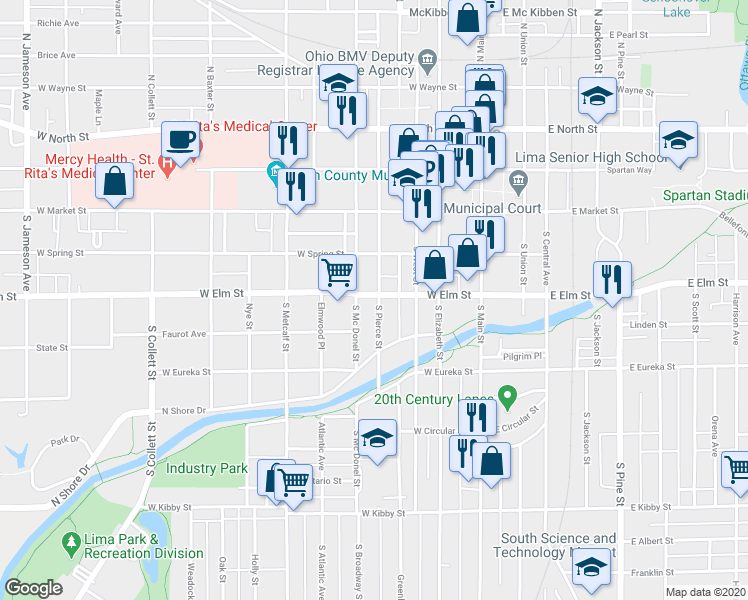 map of restaurants, bars, coffee shops, grocery stores, and more near 302 South Pierce Street in Lima