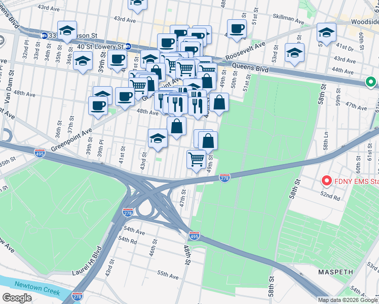map of restaurants, bars, coffee shops, grocery stores, and more near 50-6 47th Street in Queens