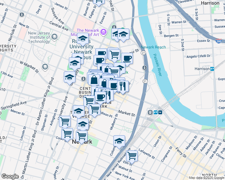 map of restaurants, bars, coffee shops, grocery stores, and more near 1180 Raymond Boulevard in Newark