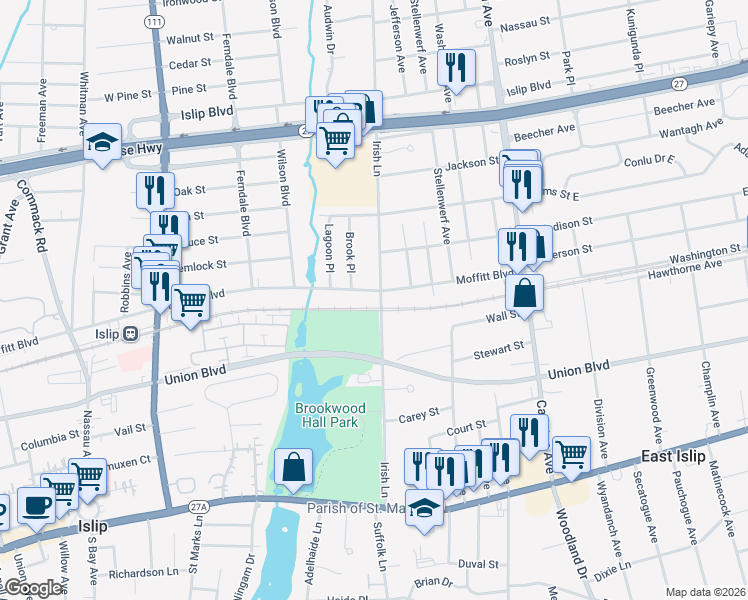 map of restaurants, bars, coffee shops, grocery stores, and more near 68 Moffitt Boulevard in East Islip