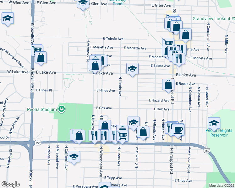 map of restaurants, bars, coffee shops, grocery stores, and more near 4103 North Illinois Avenue in Peoria Heights