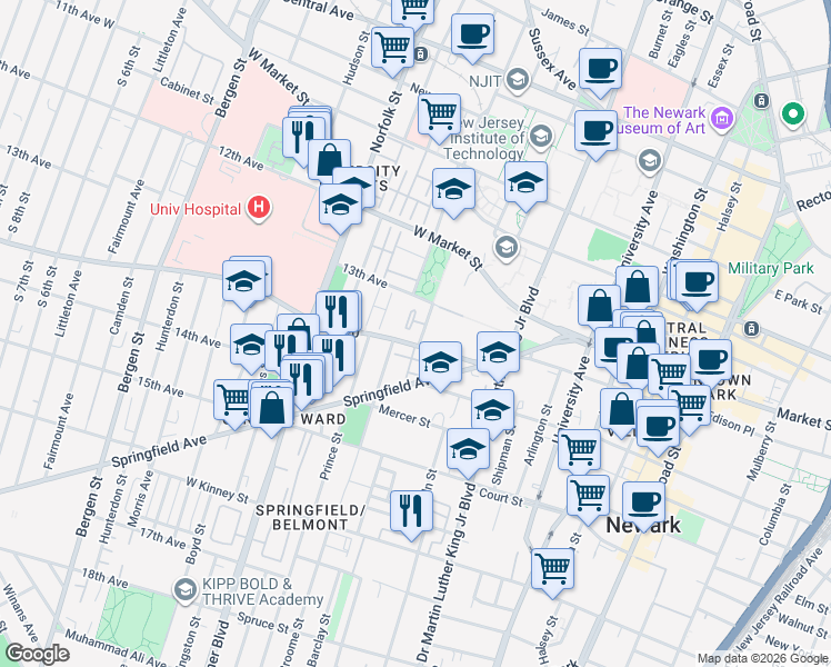 map of restaurants, bars, coffee shops, grocery stores, and more near 59 South Orange Avenue in Newark