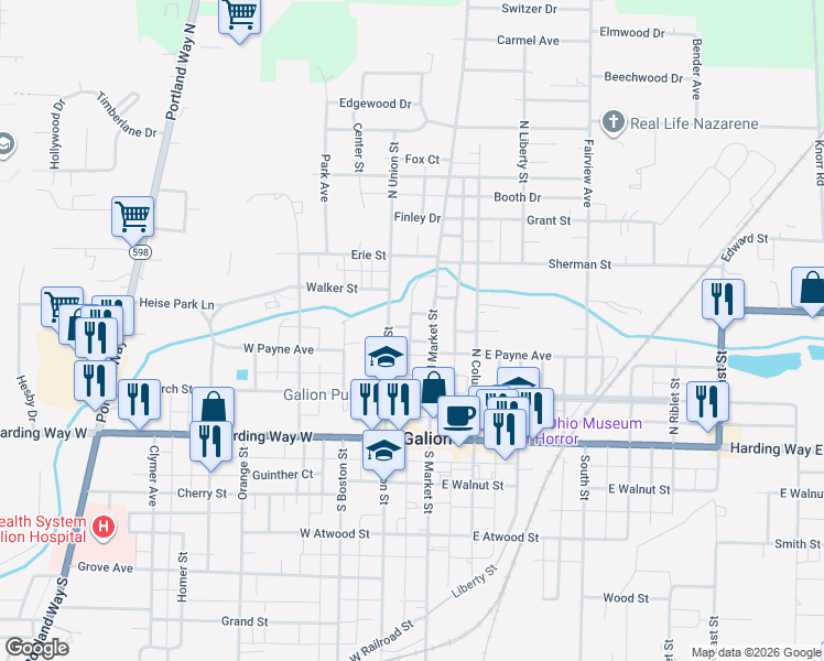 map of restaurants, bars, coffee shops, grocery stores, and more near 318 North Market Street in Galion