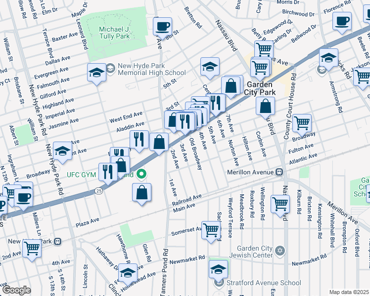 map of restaurants, bars, coffee shops, grocery stores, and more near 10 3rd Avenue in New Hyde Park