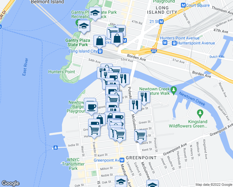 map of restaurants, bars, coffee shops, grocery stores, and more near 52 Box Street in Brooklyn