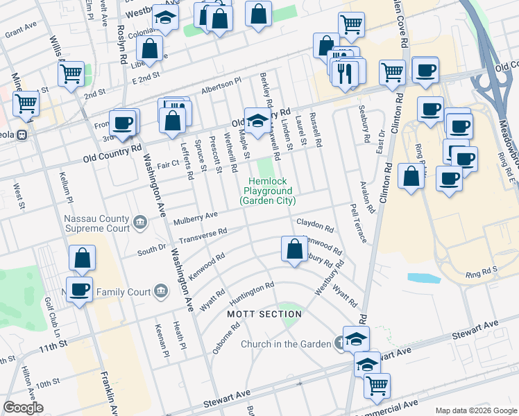 map of restaurants, bars, coffee shops, grocery stores, and more near 74 Mulberry Avenue in Garden City