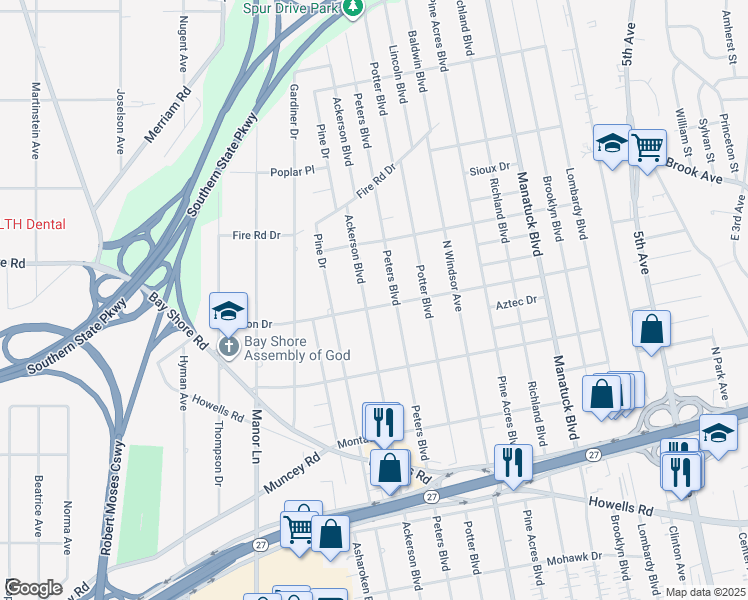 map of restaurants, bars, coffee shops, grocery stores, and more near 1381 Ackerson Boulevard in Bay Shore