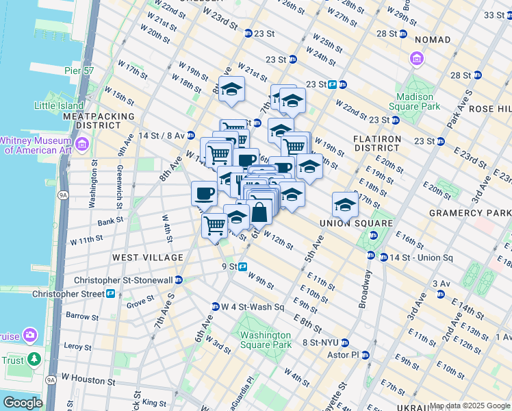 map of restaurants, bars, coffee shops, grocery stores, and more near 113 West 13th Street in New York