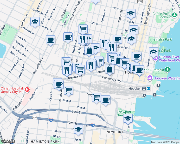 map of restaurants, bars, coffee shops, grocery stores, and more near 56 Jefferson Street in Hoboken