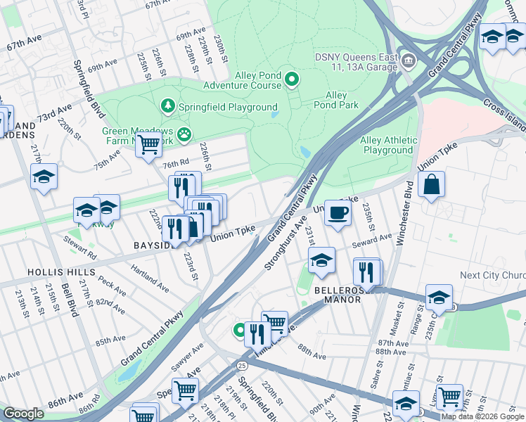 map of restaurants, bars, coffee shops, grocery stores, and more near 78-40 Cloverdale Boulevard in Queens