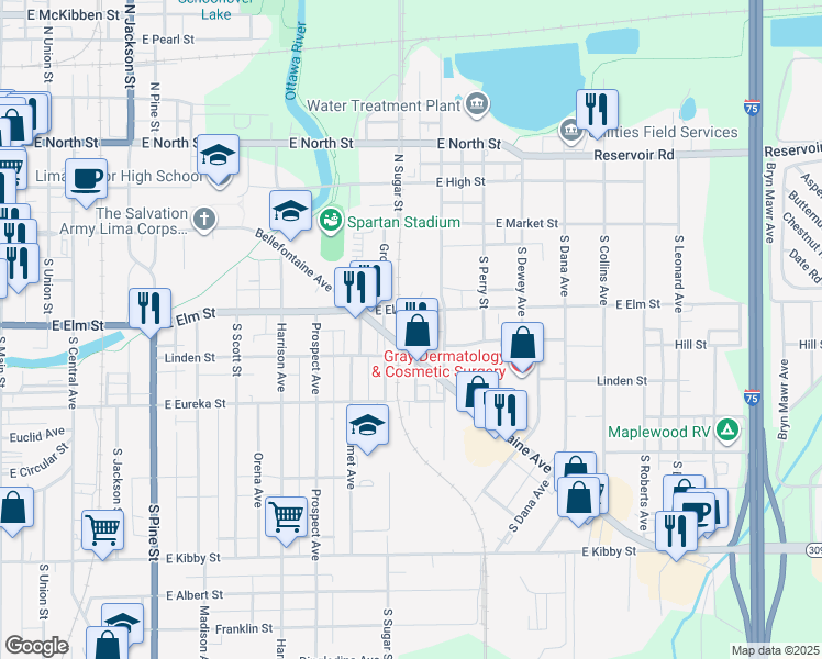 map of restaurants, bars, coffee shops, grocery stores, and more near 1136 Hill St in Lima