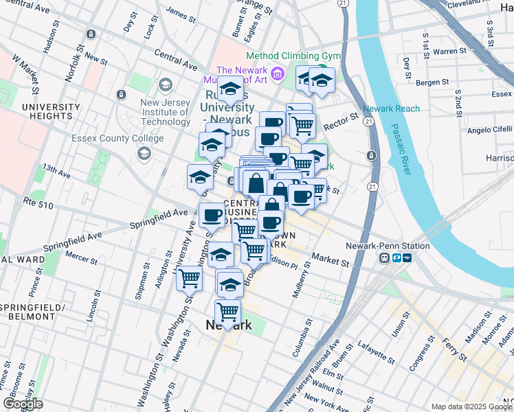 map of restaurants, bars, coffee shops, grocery stores, and more near 150 Halsey Street in Newark