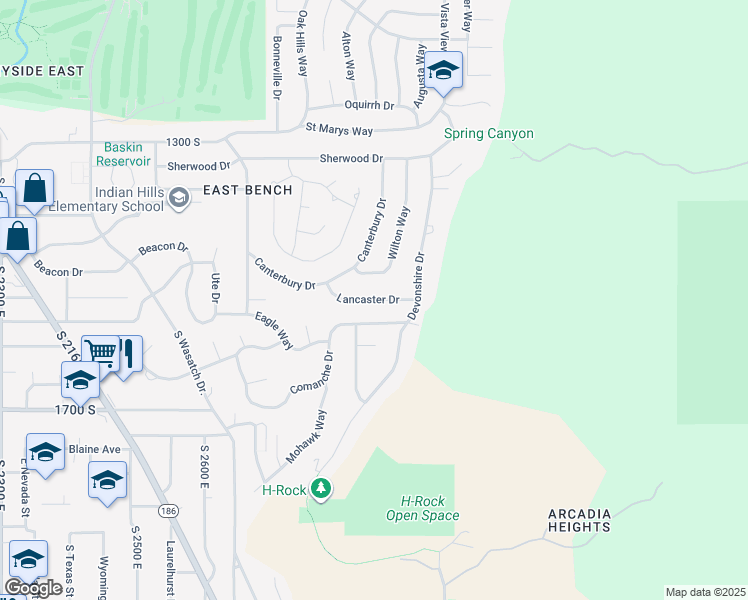 map of restaurants, bars, coffee shops, grocery stores, and more near Lancaster Drive in Salt Lake City